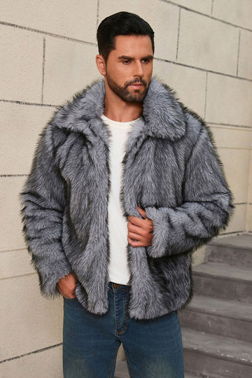 Grey Lapel Faux Fur Short Winter Men's Coat